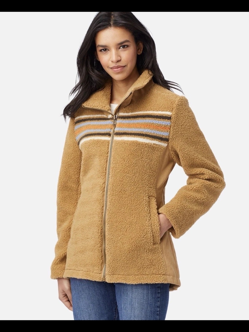 Pendleton Camel Sherpa Zip Jacket with Striped Yoke